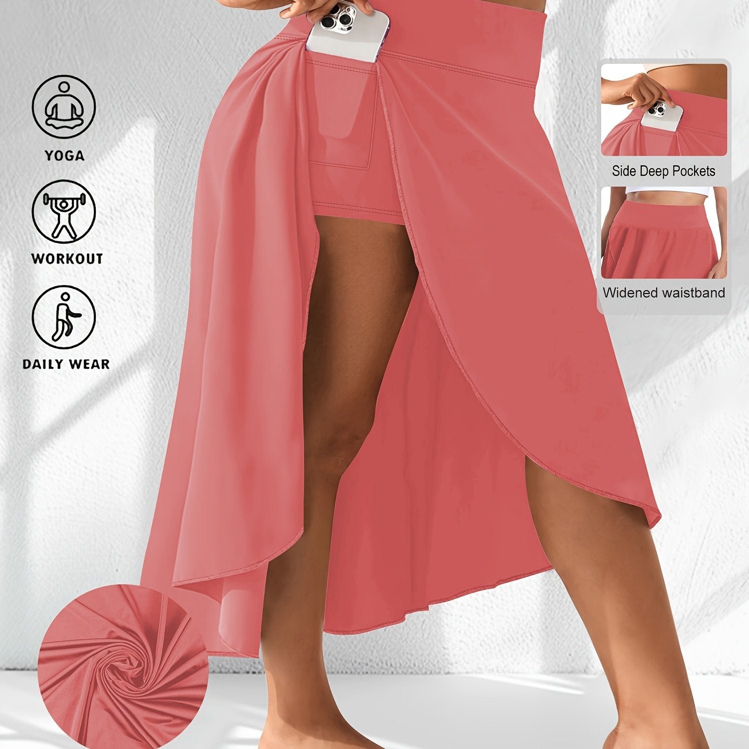 Plus Size Silky High-Waisted A-Line Skirt with Slit and Pockets for Women