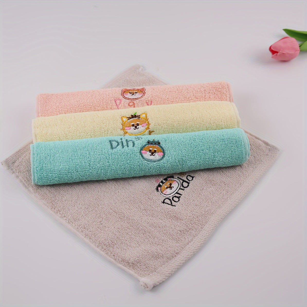 Cotton Blend Washcloths with Cartoon Animal Embroidery 25x25cm Set of 3