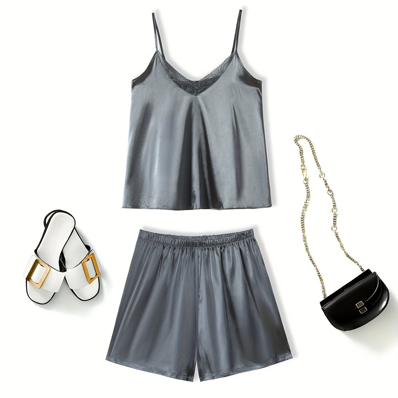 Женский комплект пижамы с V-образным вырезом и кружевными бретелями