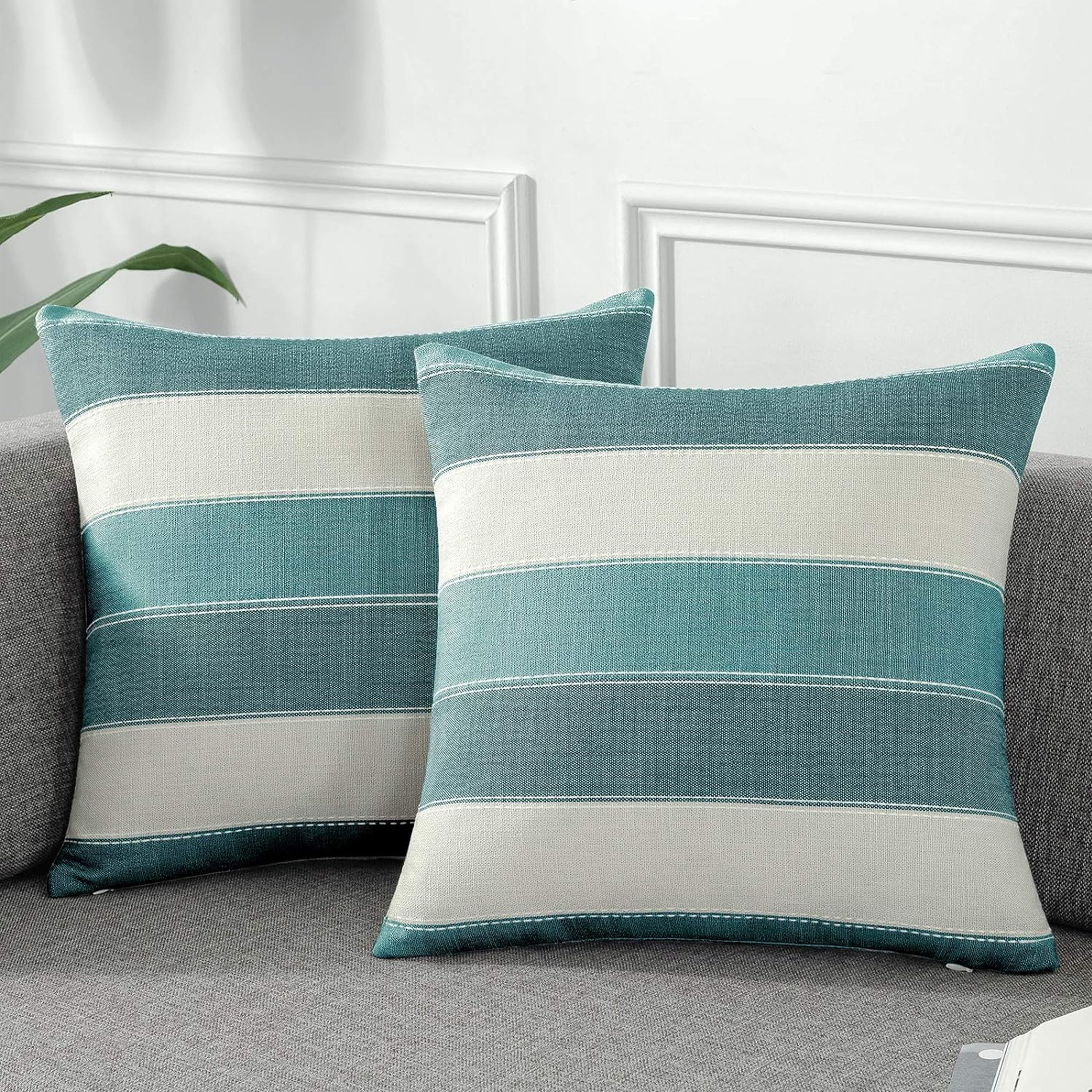 Set of 2 Teal Linen Pillowcases Farmhouse Striped Sofa Cushion Covers