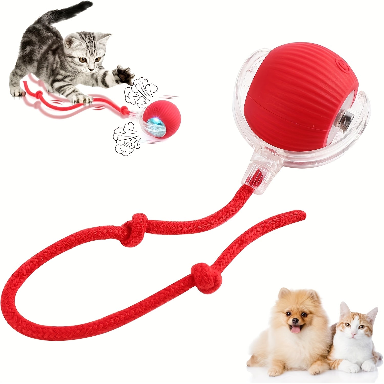 360° Interactive Pet Toy for Cats and Dogs Red Silicone Ball with Rope Handle USB Rechargeable