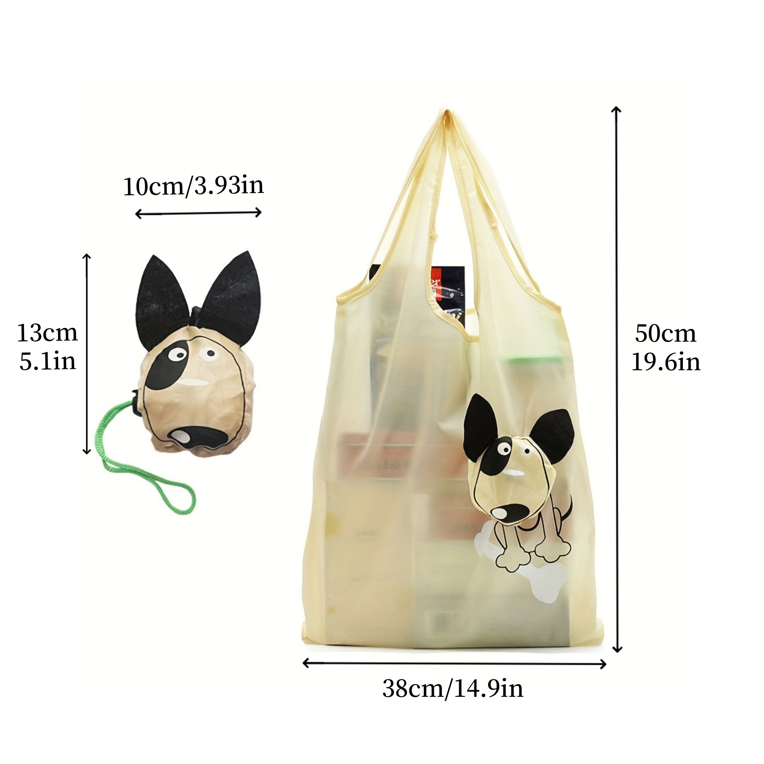 Reusable Polyester Grocery Bag with Cartoon Dog Design, Spacious, Foldable Tote