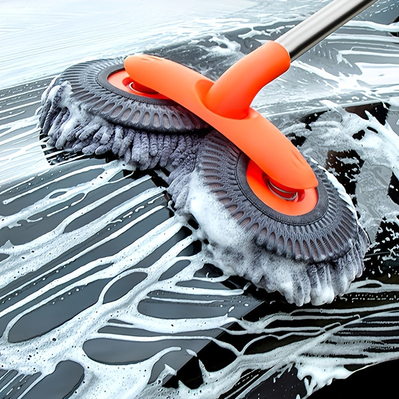 Dual Disk Car Wash Mop with Soft Brushes Stainless Steel Handle for Dusting and Detailing