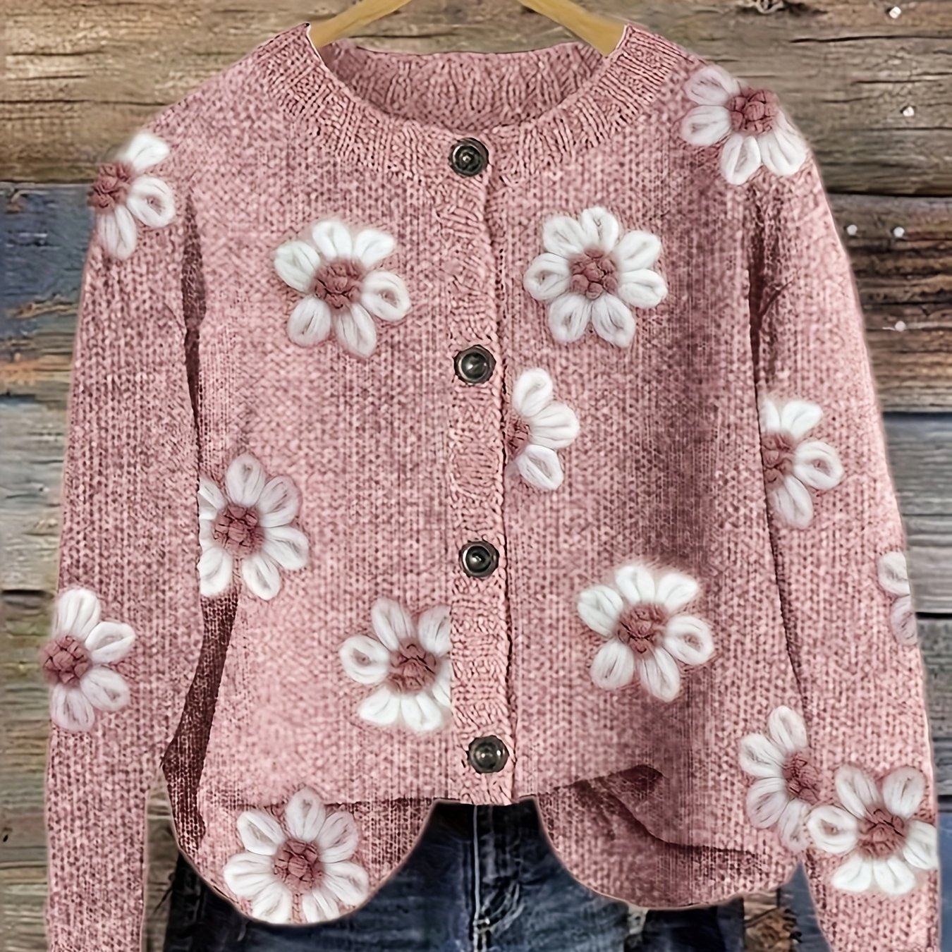 Plus-Size Women's Floral Print Cardigan Lightweight Sweater Long Sleeve Autumn Spring