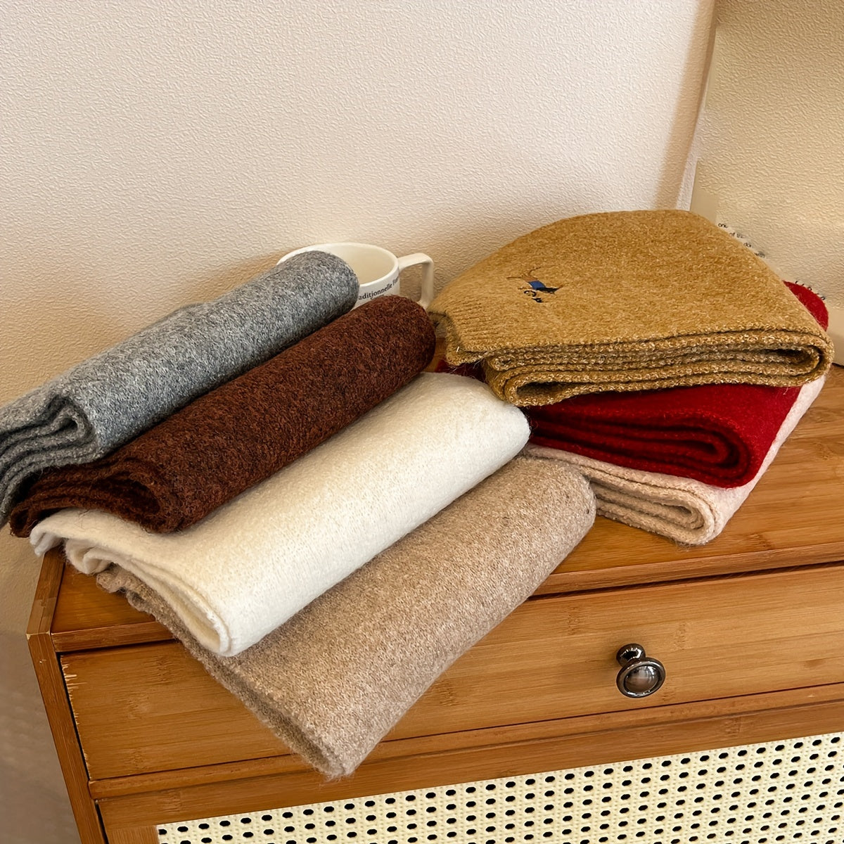 Women's Gray Wool Blend Knit Puppy Scarf Embroidered Neck Warmer Winter Windproof