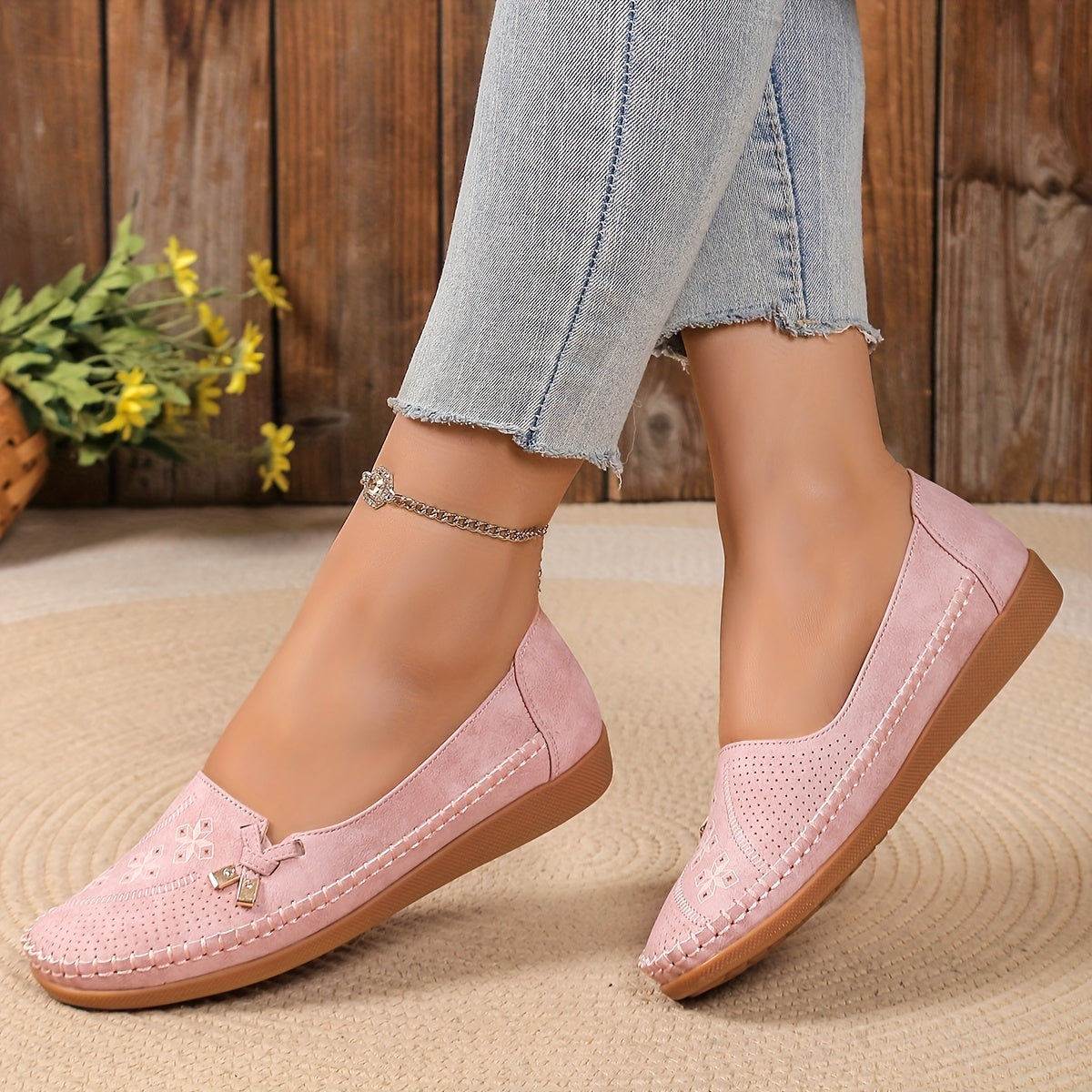 Women's Pink Synthetic Slip-On Loafers with Bow and Geometric Pattern