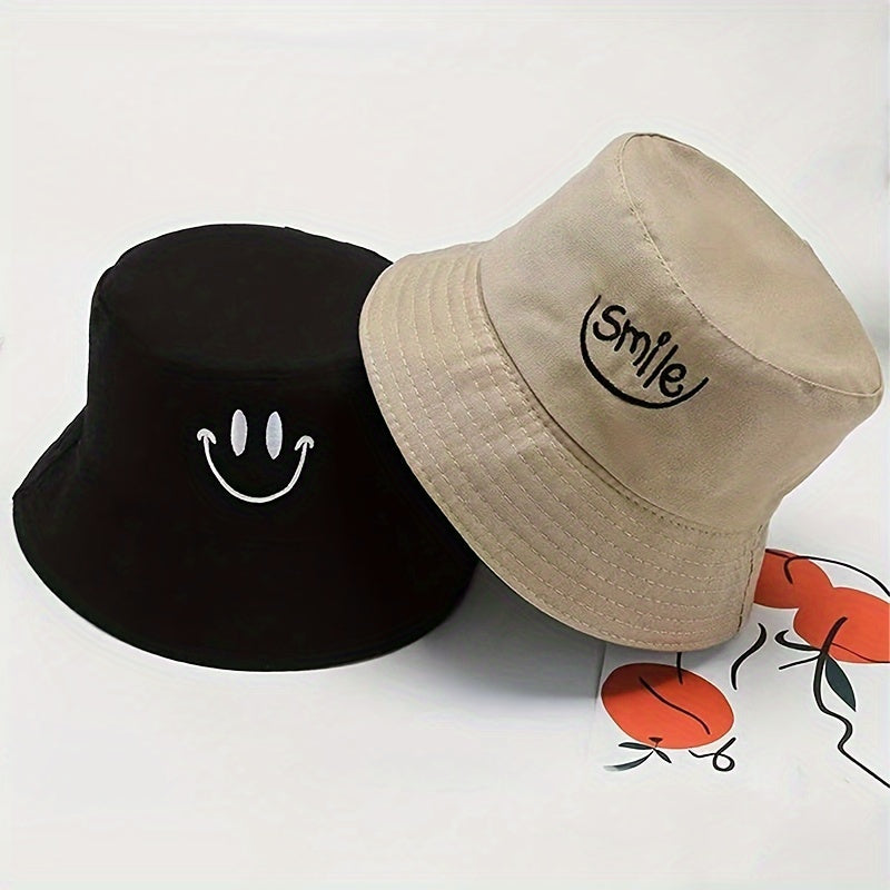 Reversible Bucket Hat for Women and Men with Smiling Embroidery Sun Protection Polyester