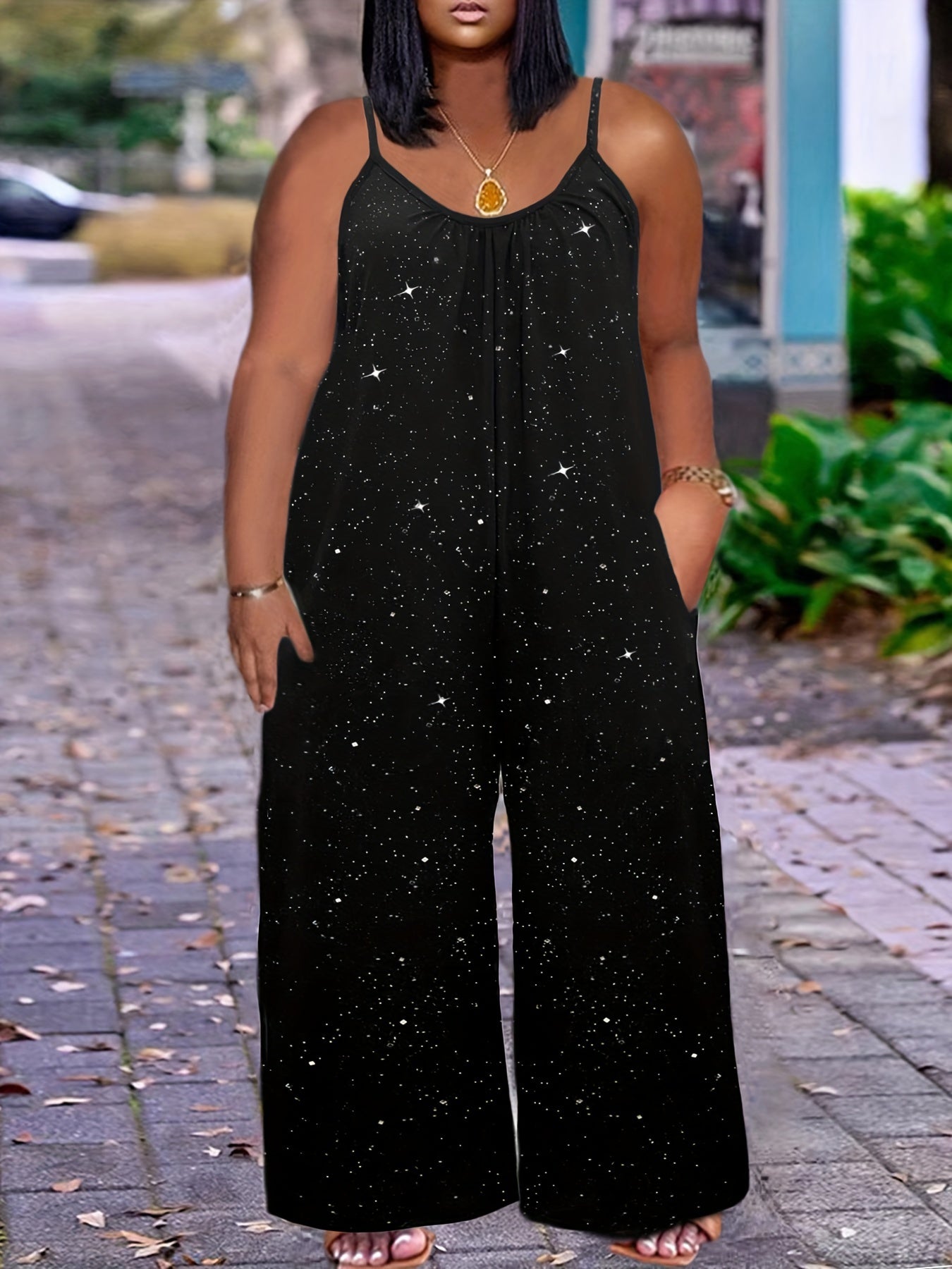 Mono de una pieza de mujer de talla grande con lentejuelas y pantalón ancho casual sin mangas