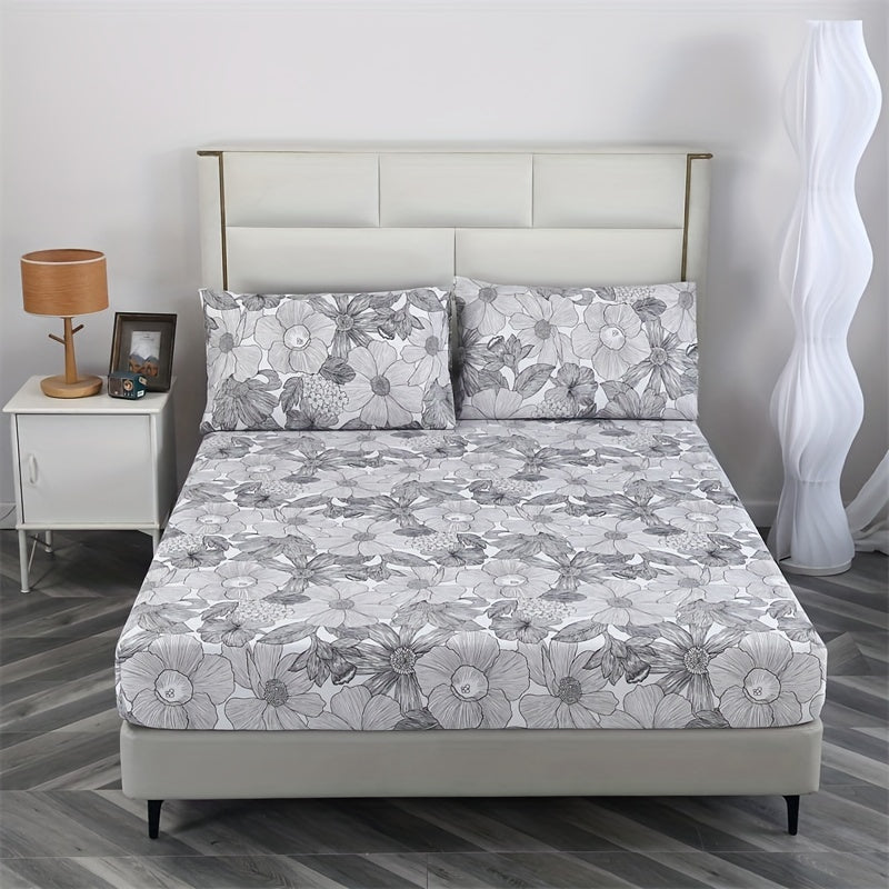 3-Piece Polyester Fitted Sheet Set with Flower Pattern for Home and Hotel Use
