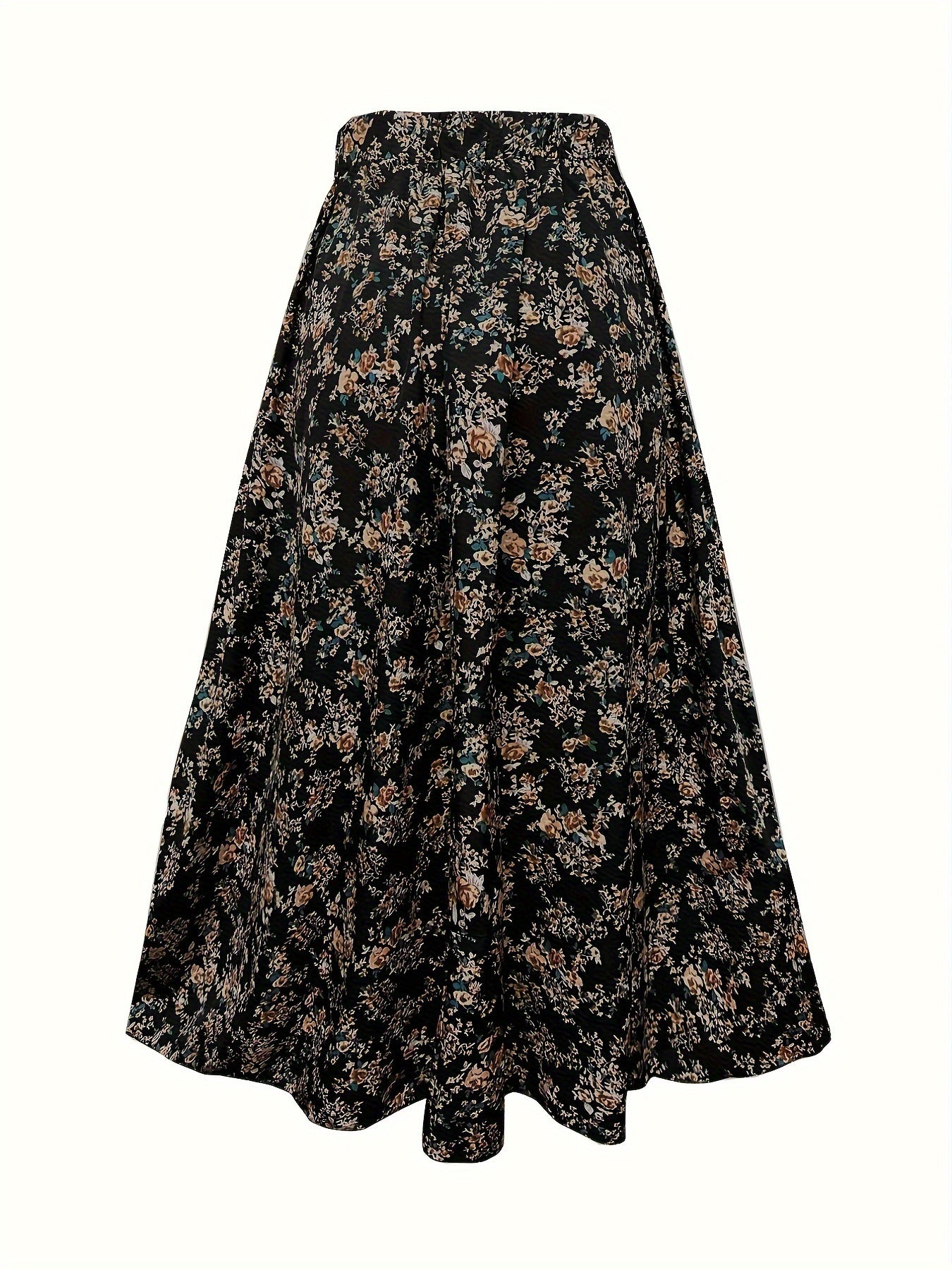 Bohemian Style Long Skirt with Small Floral Print Elastic Waist for Women