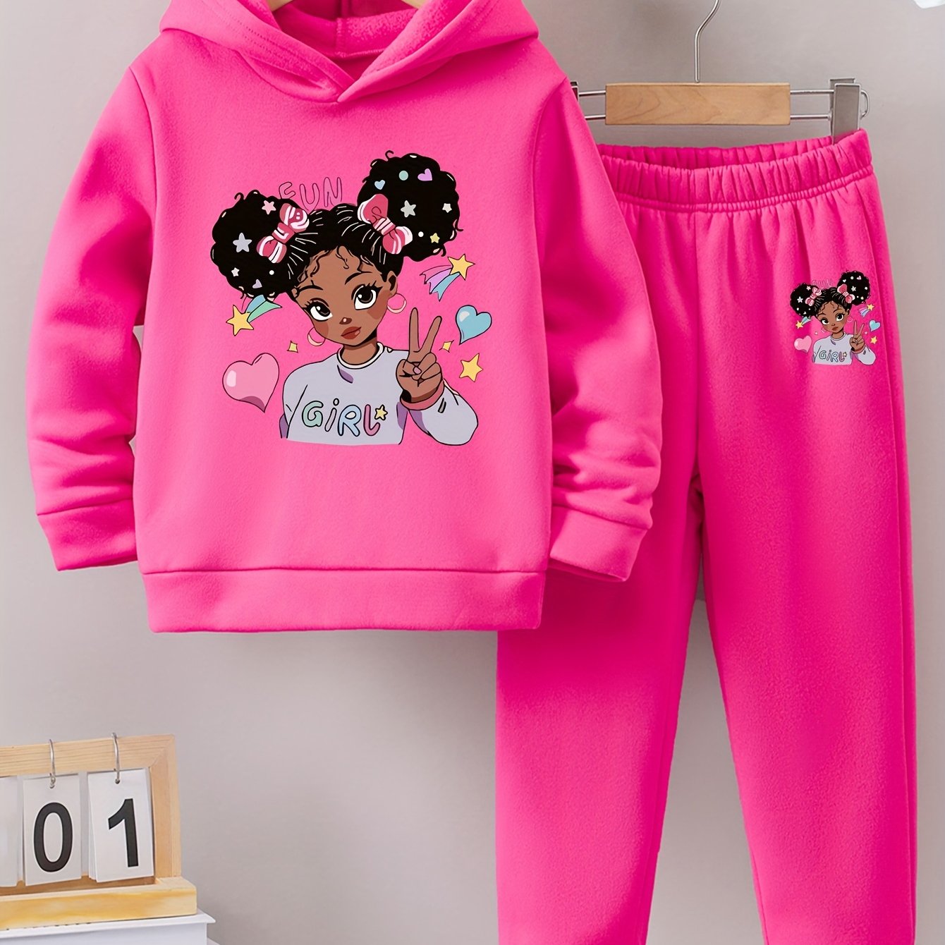 Girls' Fleece-Lined Autumn Winter Hoodies and Sports Pants with Printed Patterns
