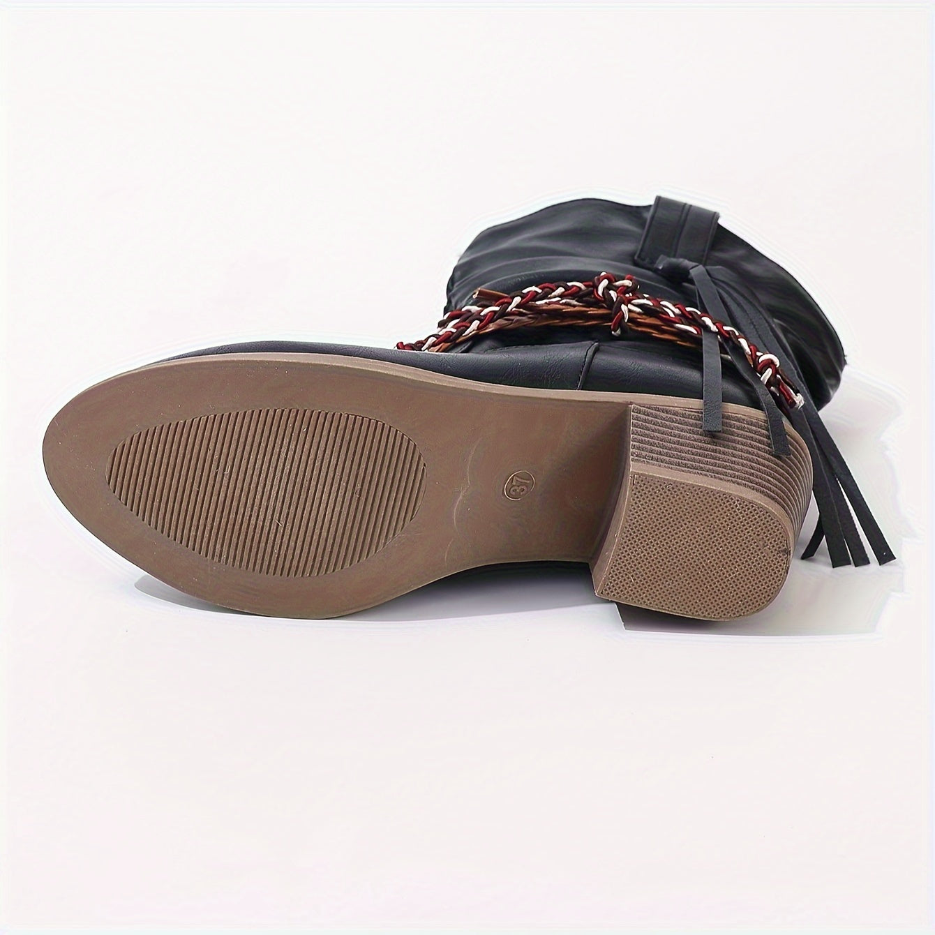 Women's Western Cowboy Boots with Tassel and Braided Buckle Block Heel