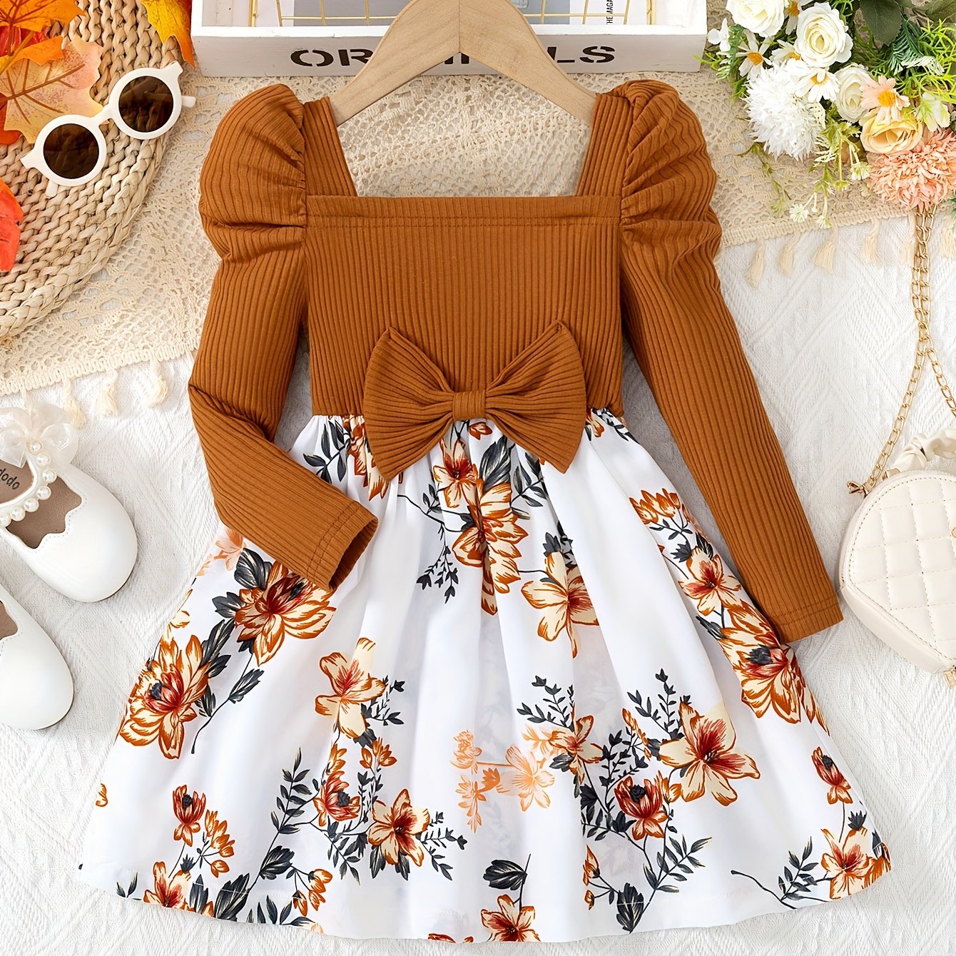 Girls Floral Print Midi Dress with Ruffle Shoulders Long Sleeves Cotton Knit All-Season