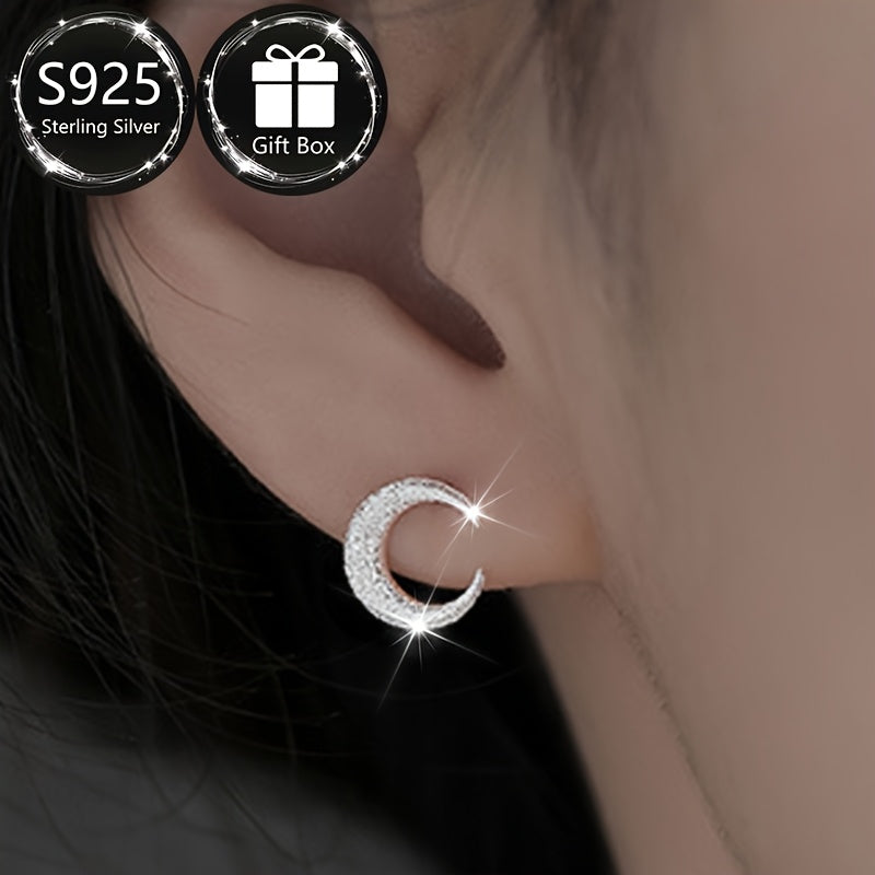 Sterling Silver Star and Crescent Moon Earrings for Women with Frosted Texture