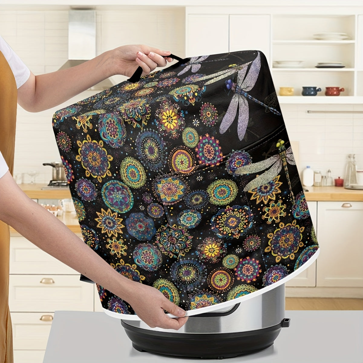 Funda antipolvo con patrón libélula para olla a presión de 8 cuartos, freidora de aire, olla arrocera, azul y oro