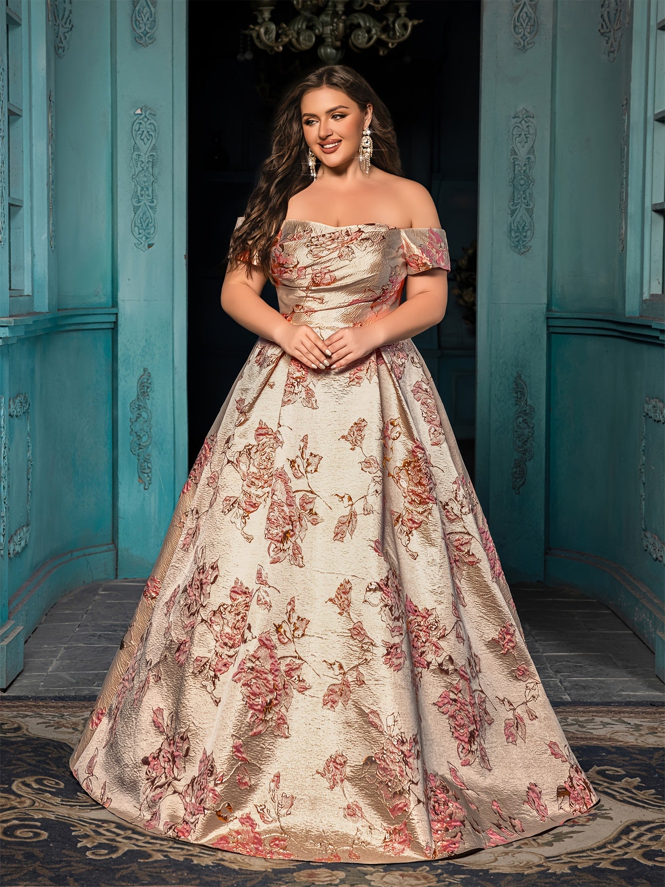 Plus Size Off-Shoulder Formal Evening Gown Floral Print Mermaid Bridal Dress