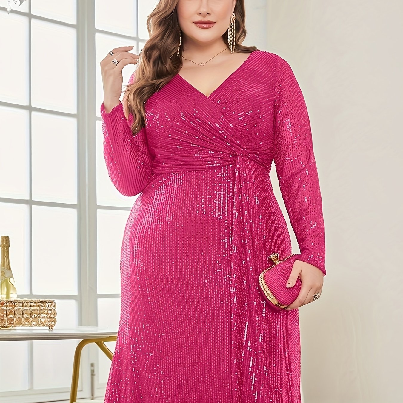 Women's Sequin Elegant Party Wedding Dress V-Neck Long Sleeve A-Line Mermaid