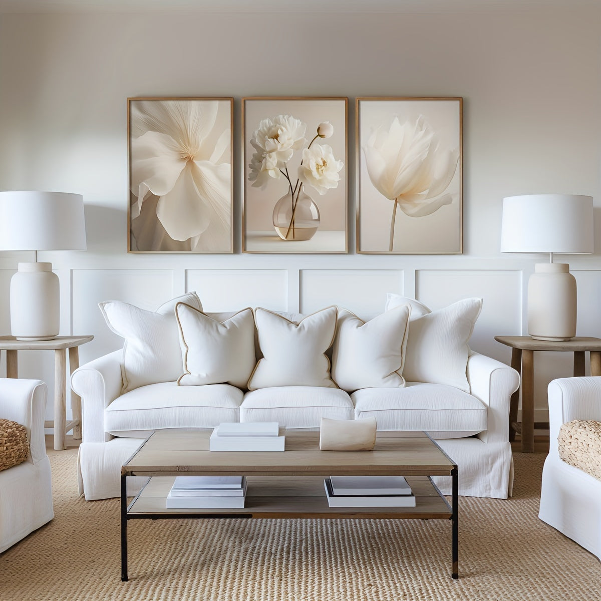 Set of 3 White Peony Flower Wall Art Prints Canvas Modern Minimalist Neutral Decor