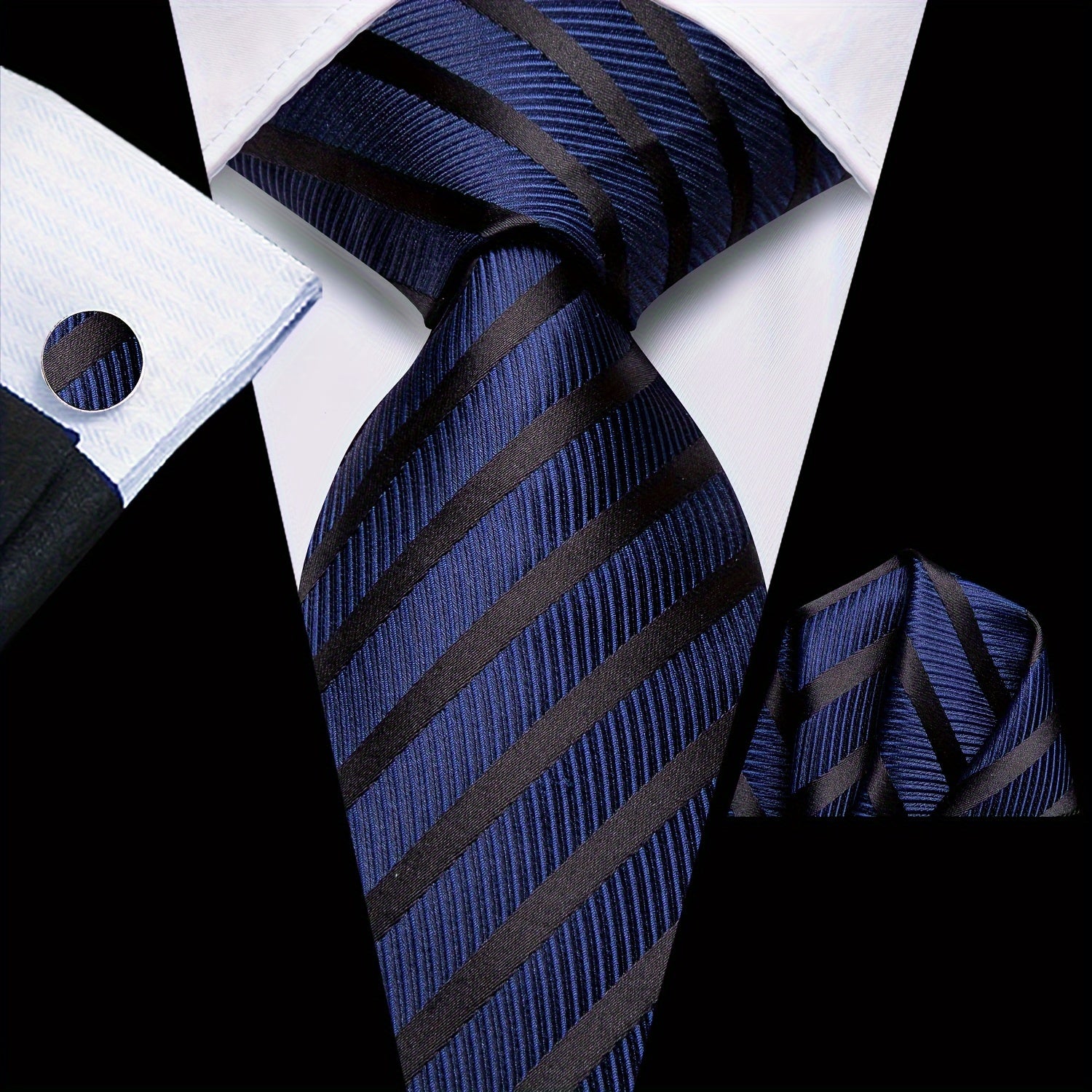 Men's Classic Striped Necktie Set with Cufflinks for Business and Party