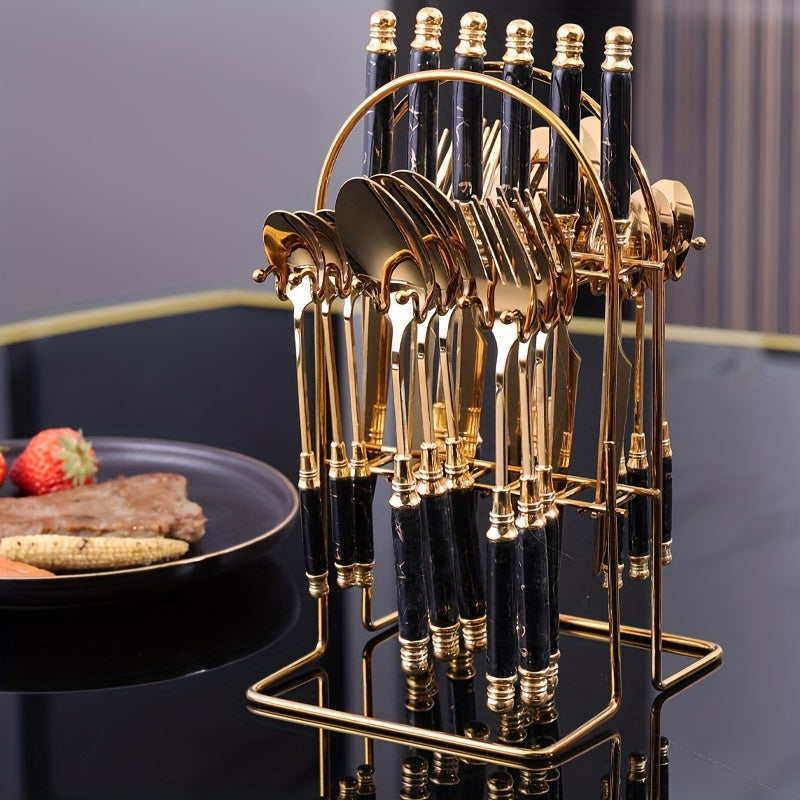 24-Piece Stainless Steel Tableware Set with Ceramic Handles for Hotel and Restaurant Dining