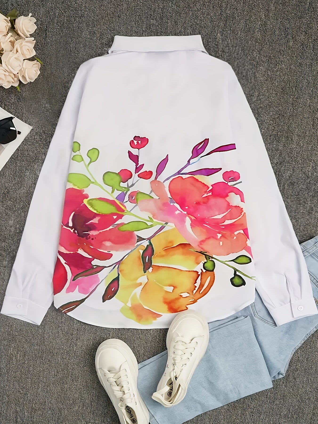 Women's Floral Print Long Sleeve Polyester Casual Shirt with Pockets