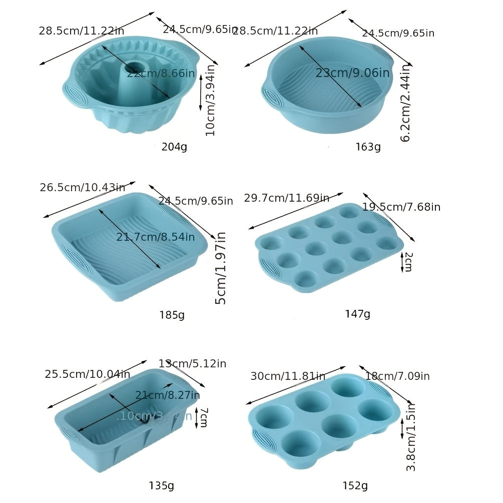 6 ta silikon oshxona pishirish uchun to'plam, unga yopishmaydigan pishirish panasi, tort qolip, donat qolip, muffin qolip va tort qolipi kiradi.