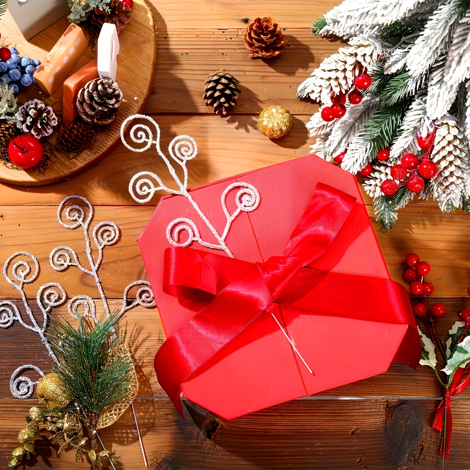 12-Pack Red Candy Circle Leaves Artificial Pine Tree Topper for Christmas and Eid