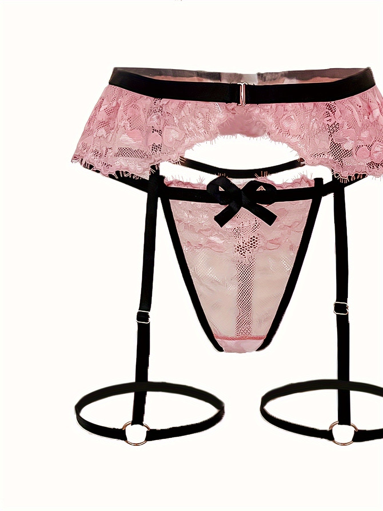 Women's Lace Lingerie Set with Bow Top Thong and Garter Belt