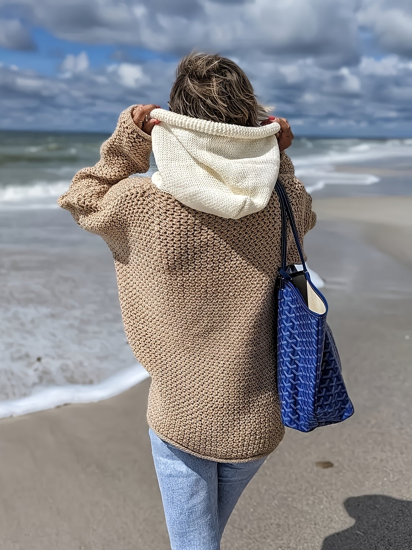 Plus Size Women's Beige Hooded Sweater with Tassel Detail Long Sleeve Pullover for Fall Winter