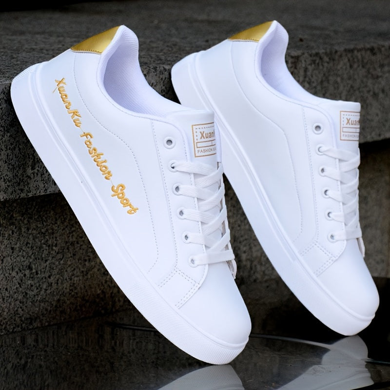 Men's White Skate Sneakers with Letter Embroidery, Casual Low-Top Shoes