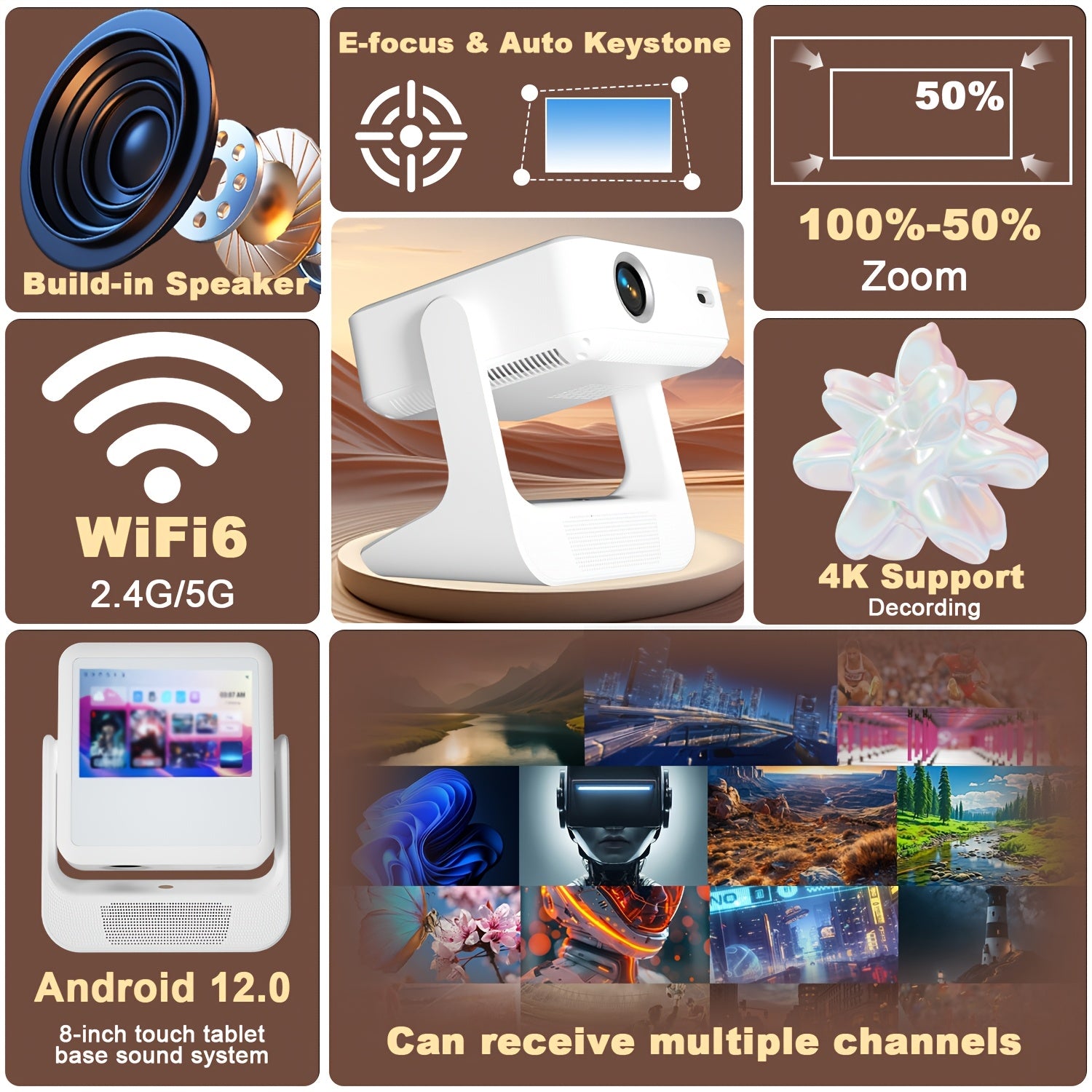 Proyector portátil de doble pantalla compatible con 1080P y 4K con Wi-Fi 6 para cine en casa