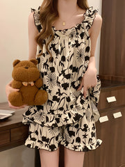 Conjunto de pijama de verano con flores para mujer, poliéster, sin mangas, con volantes, pantalones cortos y textura de burbuja