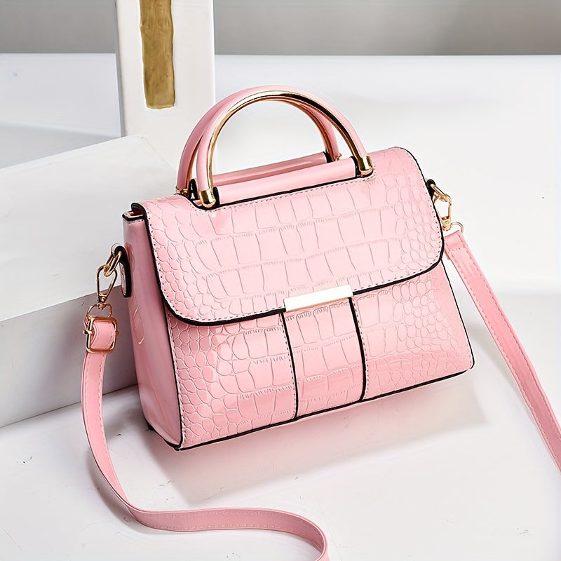 Стильная черная сумка через плечо с крокодиловым узором для женщин с магнитным замком и простым однотонным дизайном.