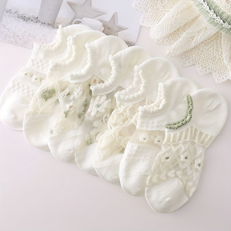 Women's No-Show Socks 10-Pack White Breathable Cotton Blend Floral 3D Textured