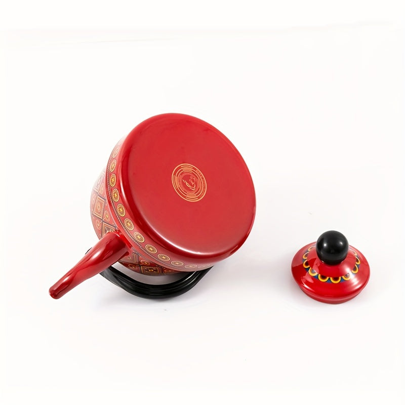 Enamel Electric Kettle 1.1L Geometric Print Memory Flower Design for Tea Coffee