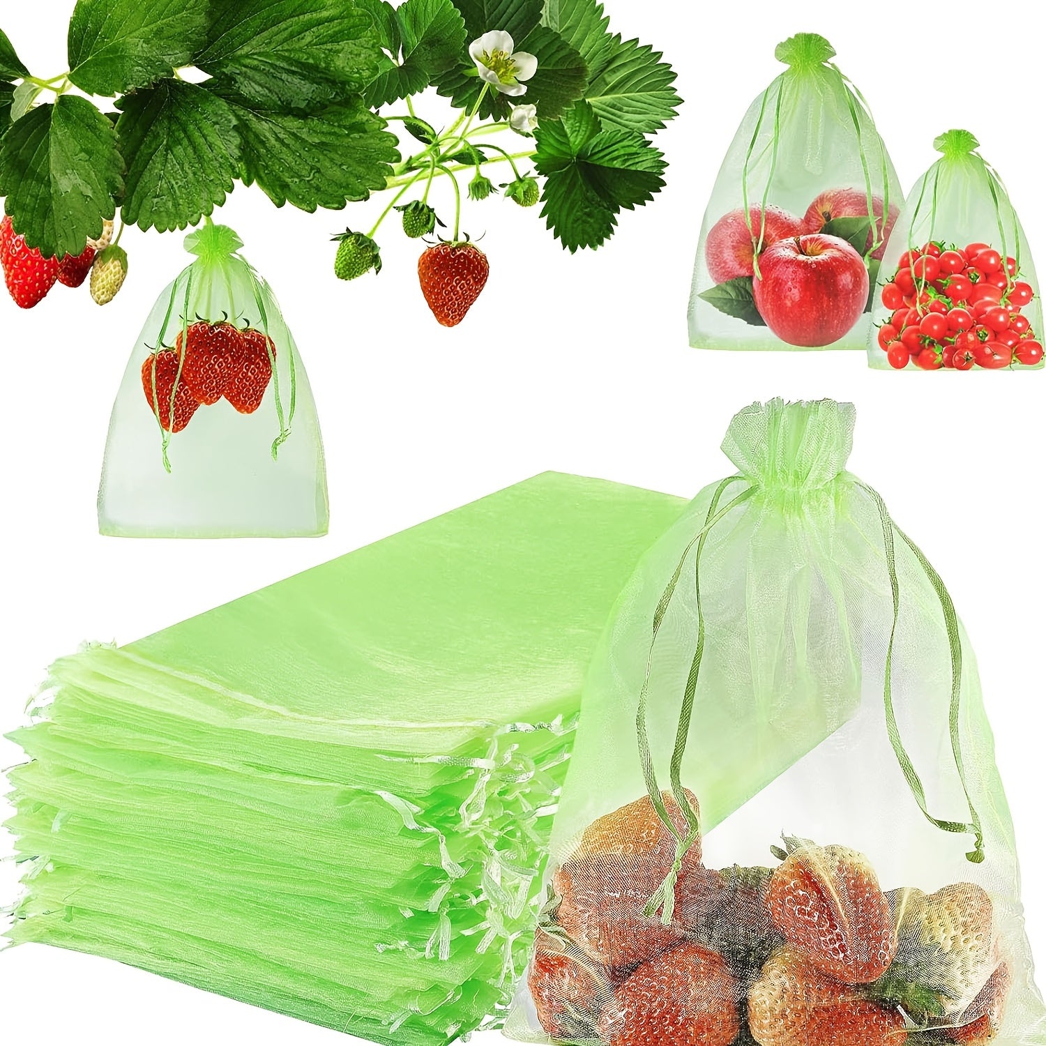 100 Green Garden Netting Bags with Drawstring for Pest Protection and Plant Growth