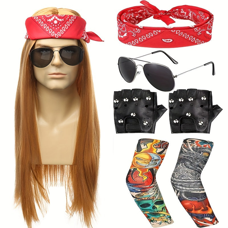 Punk Costume Wig with Straight Fiber Hair, Bandana, Glasses, Tattoo Sleeves