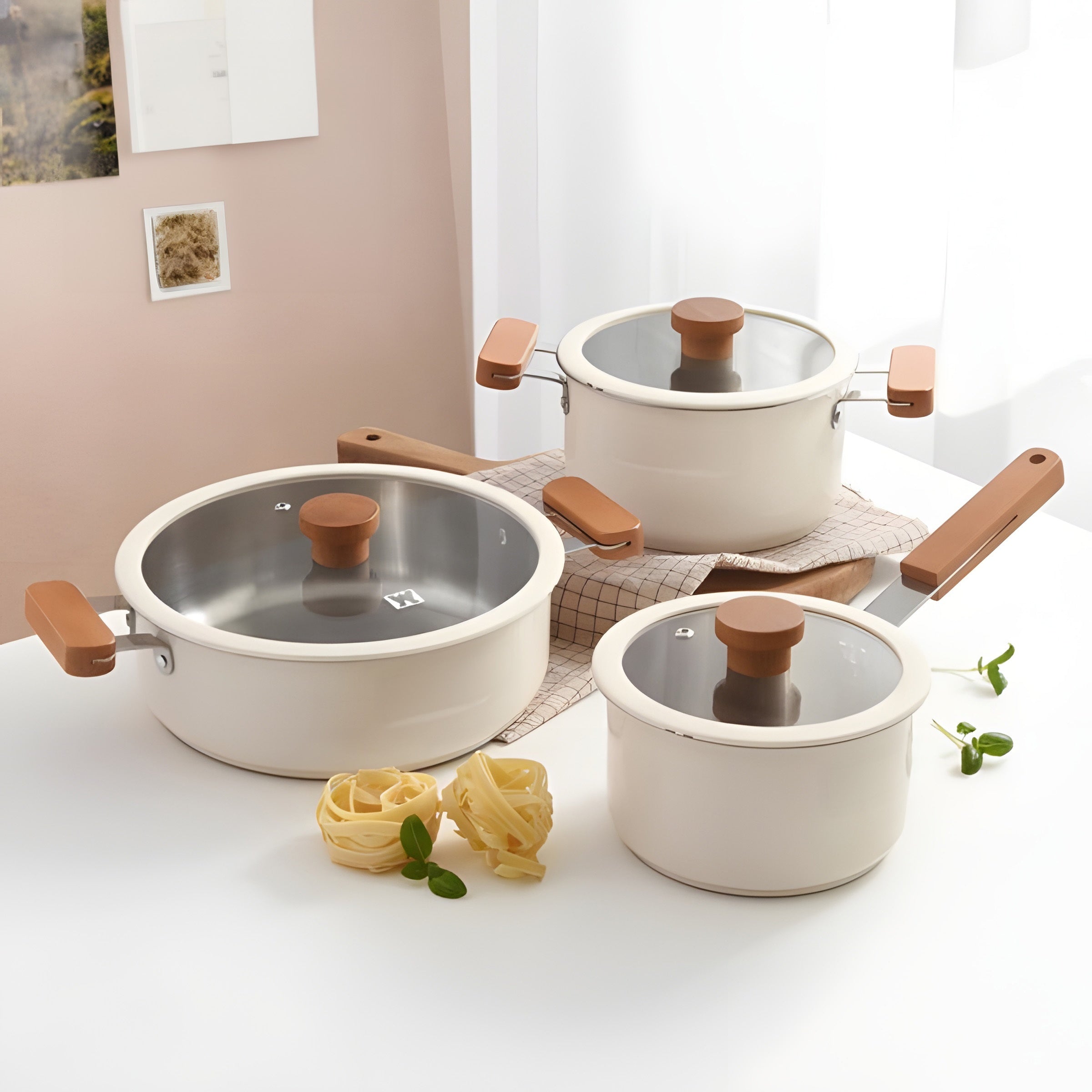 Juego de utensilios de cocina de acero inoxidable con pintura cerámica, tapas de vidrio templado y mangos de madera