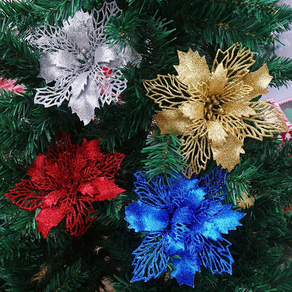 Artificial Christmas Flowers Set 10 Pieces 9cm Glitter Tree Ornaments for Holiday Decor
