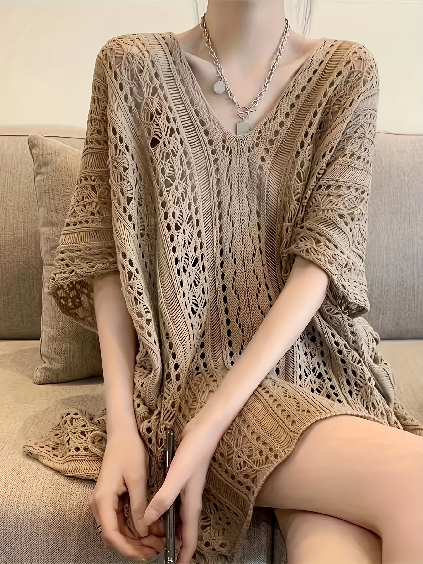 Blusa de punto de talla grande para mujer con manga batwing y escote en V de color sólido