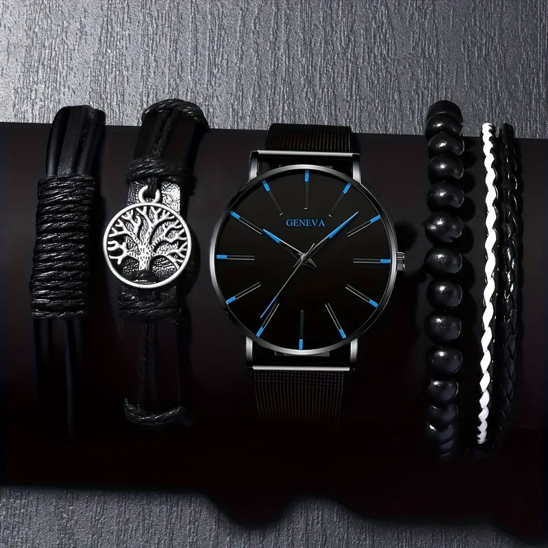 Men's Sports Casual Round Dial Mesh Strap Quartz Watch and Bracelet Set