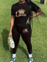 Women's Sports Short Sleeve Suit Crown Print 2pcs Set Elastic Casual