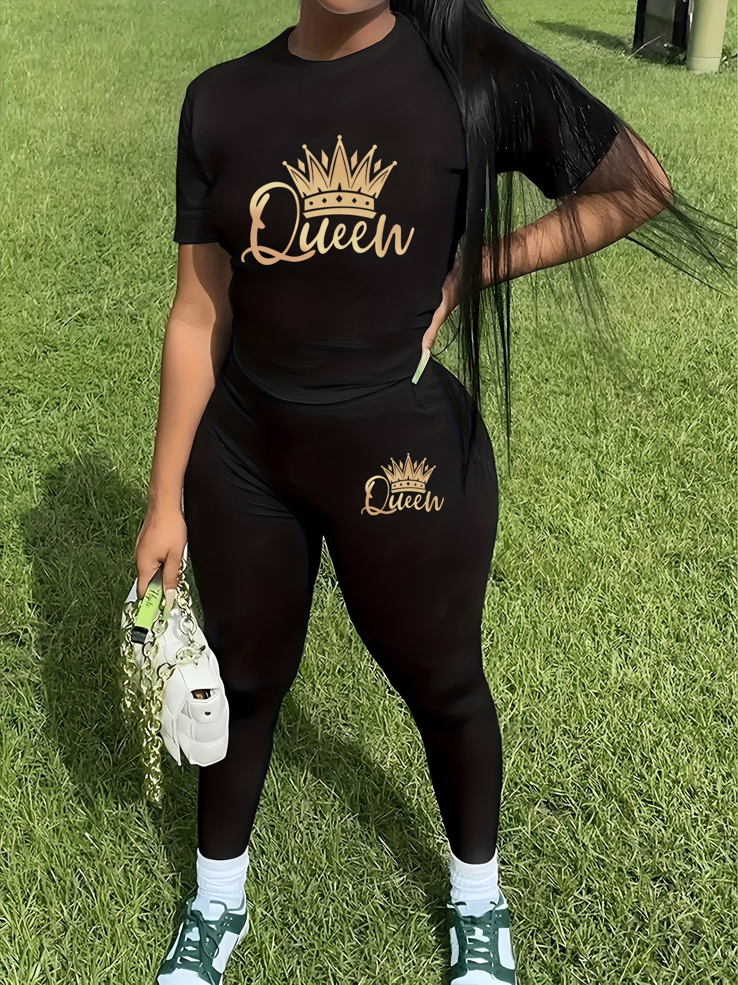 Women's Sports Short Sleeve Suit Crown Print 2pcs Set Elastic Casual