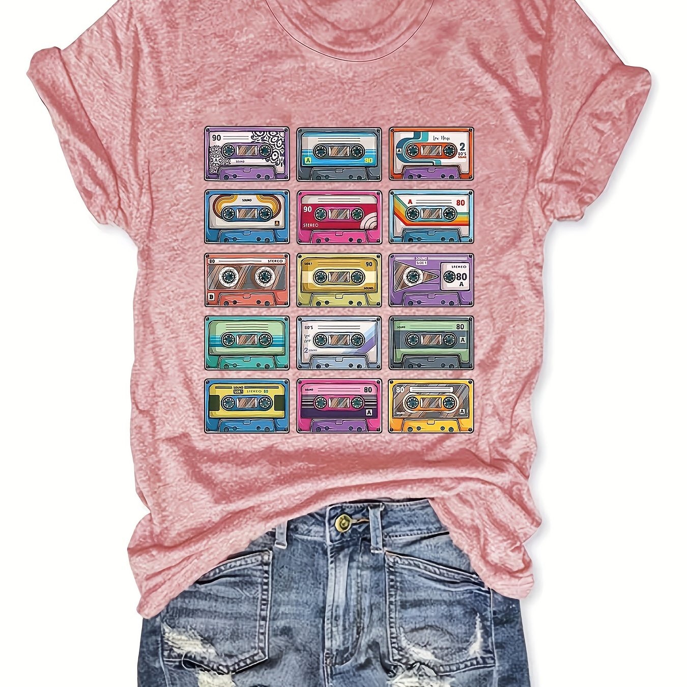 Women's Light Green Short Sleeve T-Shirt with Retro Cassette Graphic