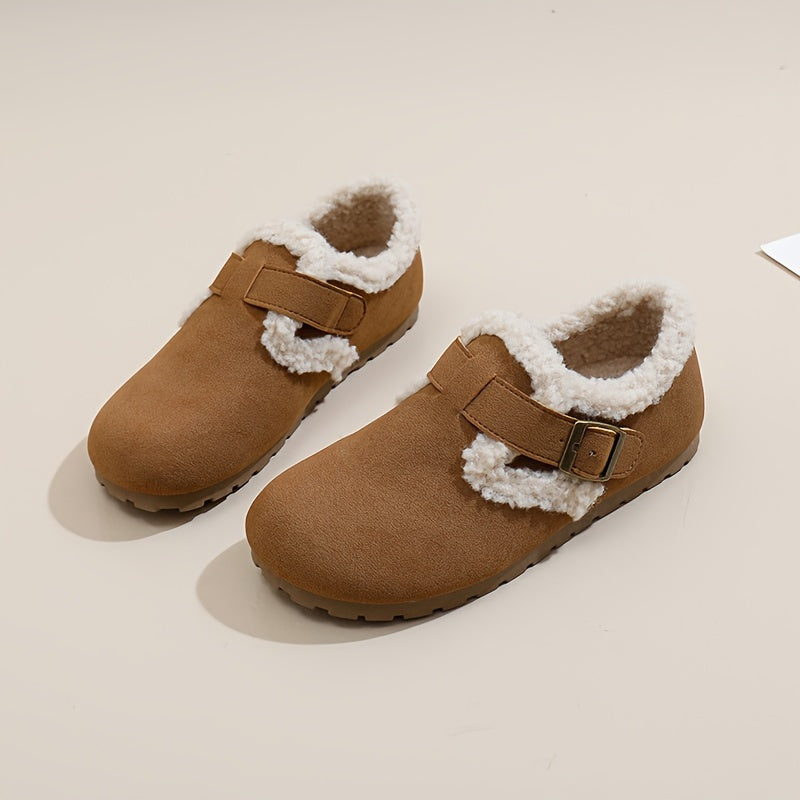 Women's Flannel-Lined Ankle Booties Casual Flat Heel Buckle Closure