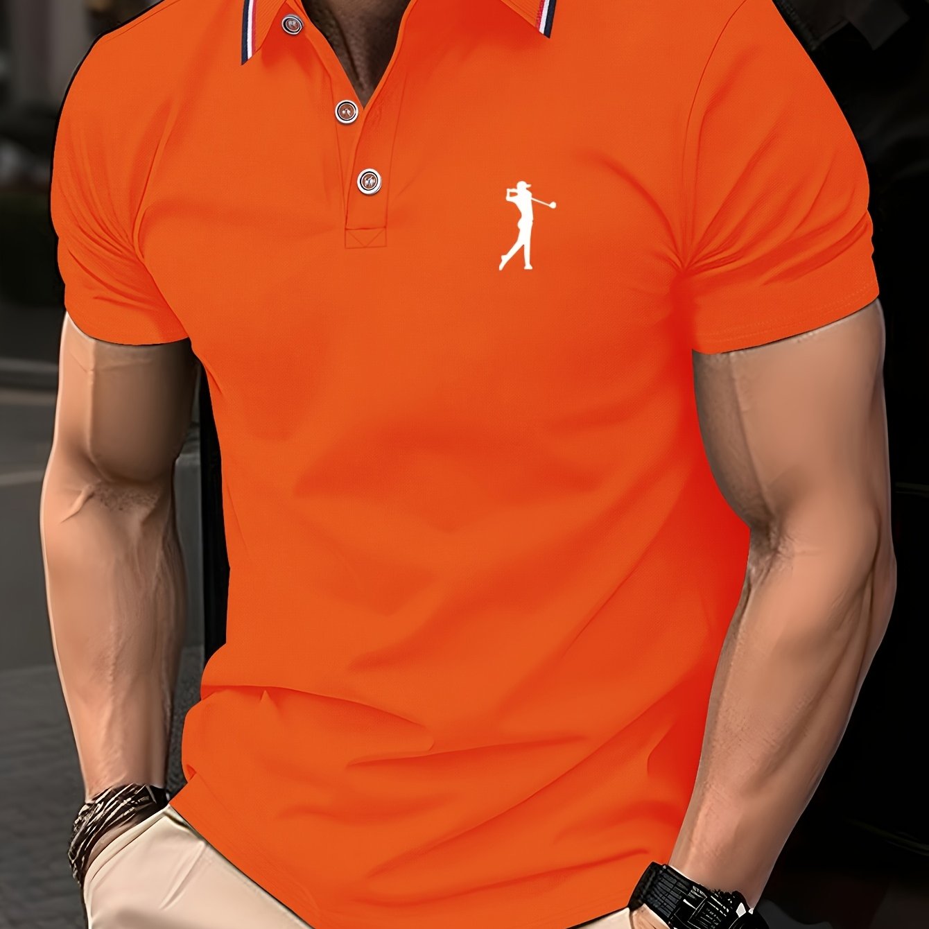Men's Summer Golf Print Polo Shirt with Geometric Pattern and Short Sleeves