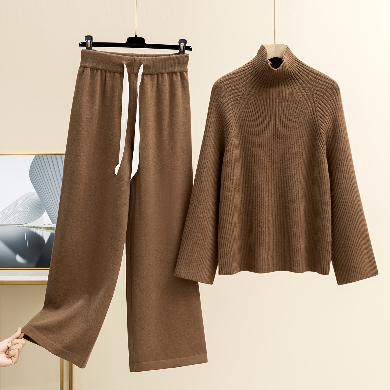 Casual Set with Wide-Leg Long Pants and High-Neck Knitted Top in Solid Viscose