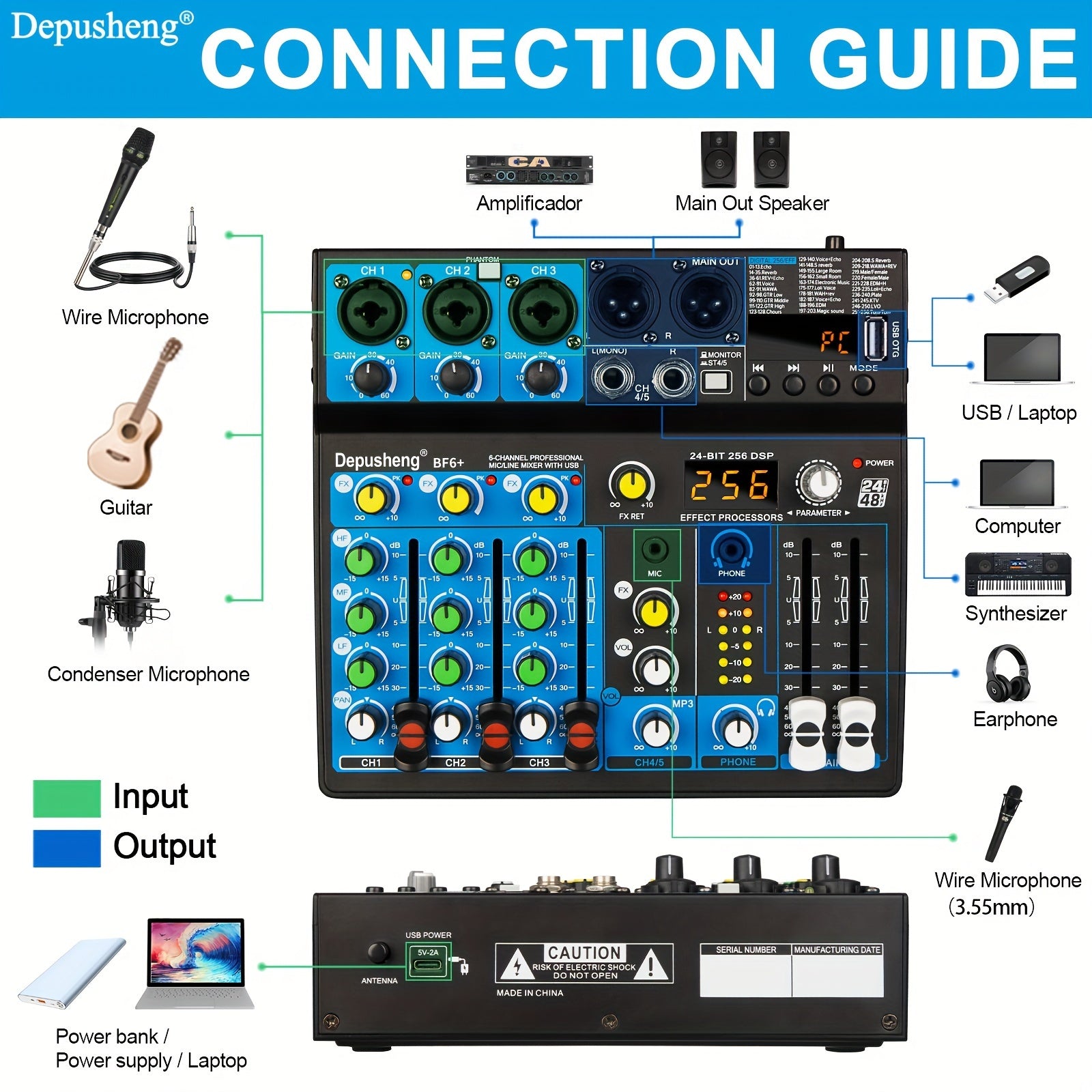 Audio Mixer with USB PC Recording XLR Microphone Jack 99 DSP Effects Black