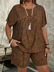 Plus Size Floral Print Shorts and Top Pajama Set Lightweight Polyester