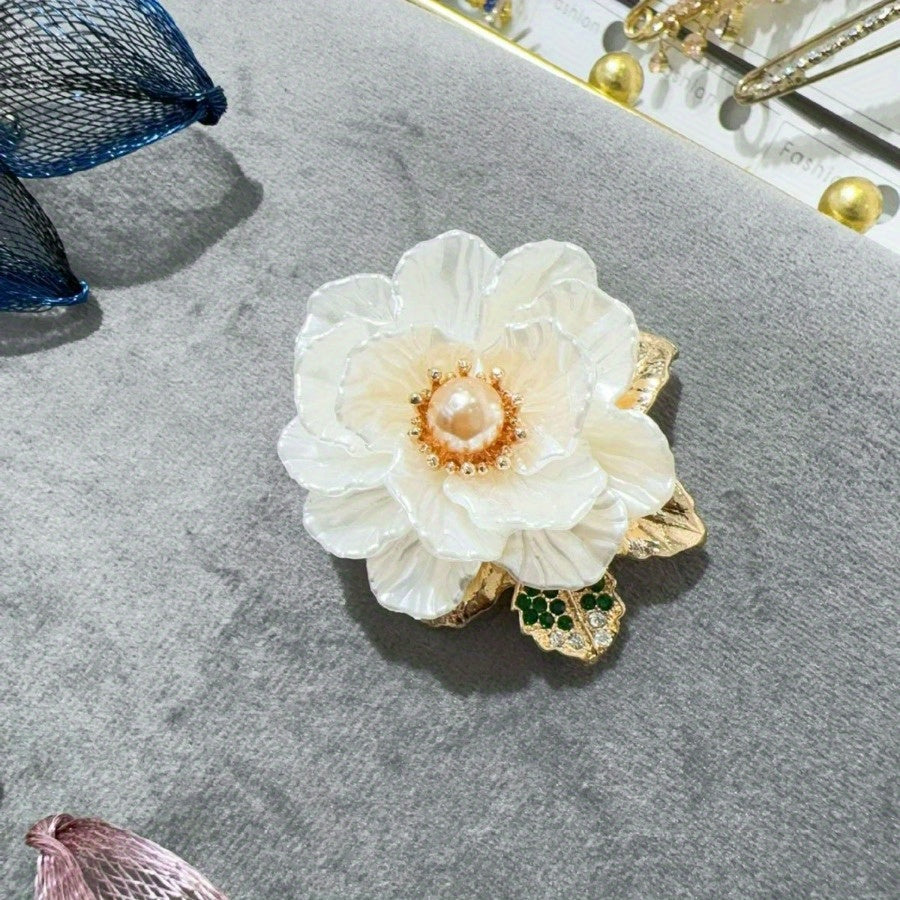 Faux Shell Crabapple Flower Brooch with Imitation Pearls Elegant Jewelry for Women